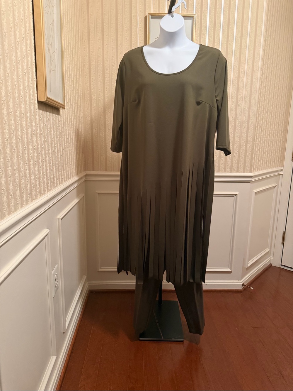 Ashley Stewart Olive Green Fringe Tunic Pantsuit